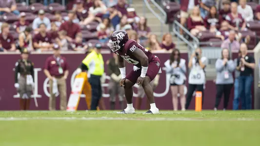 COLLEGE STATION, TX - November 18, 2023 - Linebacker Nana Boadi-Owusu #90 of the Texas A&M Aggies during the game between the Abilene Christian Wildcats and the Texas A&M Aggies at Kyle Field in College Station, TX. Photo By Sydney Morriss/Texas A&M Athletics