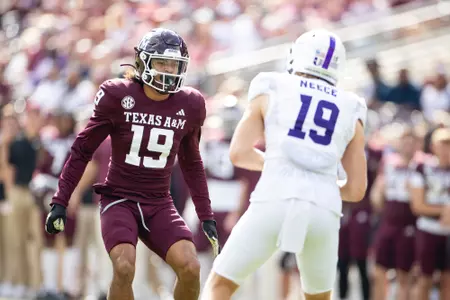 COLLEGE STATION, TX - November 18, 2023 - Defensive back Bravion Rogers #19 of the Texas A&M Aggies during the game between the Abilene Christian Wildcats and the Texas A&M Aggies at Kyle Field in College Station, TX. Photo By Wesley Bowers/Texas A&M Athletics