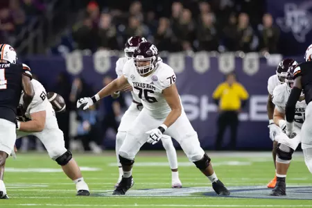 HOUSTON, TX - December 27, 2023 - Offensive lineman Reuben Fatheree II #76 of the Texas A&M Aggies during the Texas Bowl Game game between the Oklahoma St. Cowboys and the Texas A&M Aggies at NRG Stadium in Houston, Texas. Photo By Evan Pilat