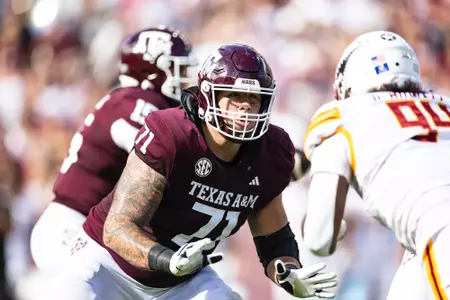 COLLEGE STATION, TX - September 16, 2023 - Offensive lineman Chase Bisontis #71 of the Texas A&M Aggies during the Football game between the ULM Warhawks and the Texas A&M Aggies at Kyle Field in College Station, TX. Photo By Craig Bisacre/Texas A&M Athletics