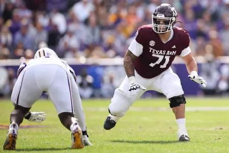 BATON ROUGE, LA - November 25, 2023 - Offensive lineman Chase Bisontis #71 of the Texas A&M Aggies during the game between the LSU Tigers and the Texas A&M Aggies at Tiger Stadium in Baton Rouge, LA. Photo By Evan Pilat