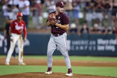 COLLEGE STATION, TX - June 02, 2024 - Pitcher Brad Rudis #32 of the Texas A&M Aggies during the game between the Louisiana Ragin' Cajuns and the Texas A&M Aggies at Blue Bell Park in College Station, TX. Photo By Evan Pilat/Texas A&M Athletics