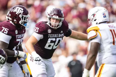 COLLEGE STATION, TX - September 16, 2023 - Offensive lineman Trey Zuhn III #60 of the Texas A&M Aggies during the Football game between the ULM Warhawks and the Texas A&M Aggies at Kyle Field in College Station, TX. Photo By Craig Bisacre/Texas A&M Athletics