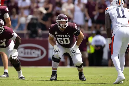 COLLEGE STATION, TX - September 23, 2023 - Offensive lineman Trey Zuhn III #60 of the Texas A&M Aggies during the game between the Auburn Tigers and the Texas A&M Aggies at Kyle Field in College Station, TX. Photo By Evan Pilat/Texas A&M Athletics