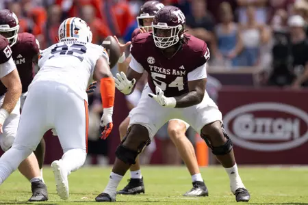 COLLEGE STATION, TX - September 23, 2023 - Offensive lineman Mark Nabou #54 of the Texas A&M Aggies during the game between the Auburn Tigers and the Texas A&M Aggies at Kyle Field in College Station, TX. Photo By Evan Pilat/Texas A&M Athletics