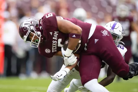 COLLEGE STATION, TX - November 18, 2023 - Tight end Jaden Platt #6 of the Texas A&M Aggies during the game between the Abilene Christian Wildcats and the Texas A&M Aggies at Kyle Field in College Station, TX. Photo By Wesley Bowers/Texas A&M Athletics