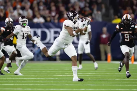 HOUSTON, TX - December 27, 2023 - Tight end Jaden Platt #6 of the Texas A&M Aggies during the Texas Bowl Game game between the Oklahoma St. Cowboys and the Texas A&M Aggies at NRG Stadium in Houston, Texas. Photo By Evan Pilat