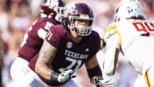 COLLEGE STATION, TX - September 16, 2023 - Offensive lineman Chase Bisontis #71 of the Texas A&M Aggies during the Football game between the ULM Warhawks and the Texas A&M Aggies at Kyle Field in College Station, TX. Photo By Craig Bisacre/Texas A&M Athletics