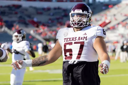 OXFORD, MS - November 04, 2023 - Offensive lineman TJ Shanahan #67 of the Texas A&M Aggies during the game between the Ole Miss Rebels and the Texas A&M Aggies at Vaught-Hemingway Stadium in Oxford, MS. Photo By Wesley Bowers