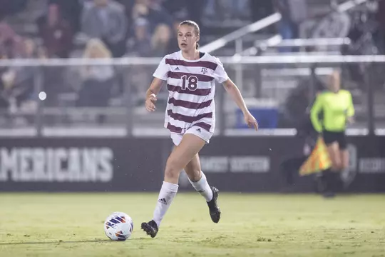 Macy Matula patrols the back line in the Aggies win against Colorado