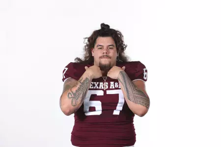 COLLEGE STATION, TX - June 28, 2024 - Offensive lineman TJ Shanahan #67 of the Texas A&M Aggies Texas A&M Aggies Football photo day in College Station, TX. Photo By Craig Bisacre/Texas A&M Athletics
