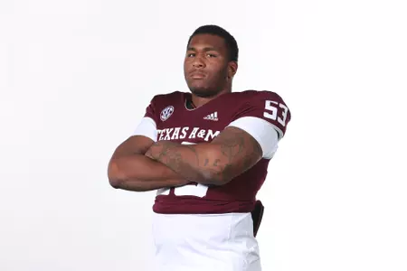 COLLEGE STATION, TX - June 28, 2024 - Defensive lineman Jadon Scarlett #53 of the Texas A&M Aggies Texas A&M Aggies Football photo day in College Station, TX. Photo By Craig Bisacre/Texas A&M Athletics