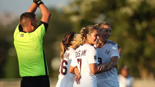 Sydney Becerra celebrates a goal with Leah Pirro and Taylor Pounds