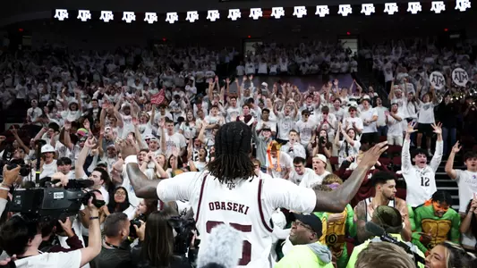 COLLEGE STATION, TX - February 10, 2024 - Guard Manny Obaseki #35 of the Texas A&M Aggiesand fans during the game between the Tennessee Volunteers and the Texas A&M Aggies at Reed Arena in College Station, TX. Photo By Craig Bisacre/Texas A&M Athletics