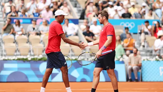 PARIS, FRANCE - AUGUST 03: Rajeev Ram and Austin Krajicek of Team United States interact during the Tennis Men's Doubles Gold Medal match against Matthew Ebden and John Peers of Team Australia on day eight of the Olympic Games Paris 2024 at Roland Garros on August 03, 2024 in Paris, France. (Photo by Matthew Stockman/Getty Images)