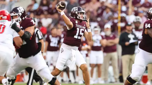 COLLEGE STATION, TX - September 02, 2023 - Quarterback Conner Weigman #15 of the Texas A&M Aggies during the game between the New Mexico Lobos and the Texas A&M Aggies at Kyle Field in College Station, TX. Photo By Brendall O'Banon/Texas A&M Athletics