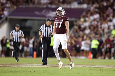 COLLEGE STATION, TX - August 31, 2024 - Punter Tyler White #37 of the Texas A&M Aggies during the Football game between the Notre Dame Fighting Irish and the Texas A&M Aggies at Kyle Field in College Station, TX. Photo By Craig Bisacre/Texas A&M Athletics