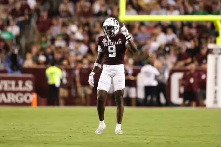 COLLEGE STATION, TX - August 31, 2024 - Defensive back Trey Jones III #9 of the Texas A&M Aggies during the Football game between the Notre Dame Fighting Irish and the Texas A&M Aggies at Kyle Field in College Station, TX. Photo By Craig Bisacre/Texas A&M Athletics