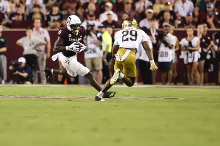 COLLEGE STATION, TX - August 31, 2024 - Running back Le'Veon Moss #8 of the Texas A&M Aggies during the Football game between the Notre Dame Fighting Irish and the Texas A&M Aggies at Kyle Field in College Station, TX. Photo By Craig Bisacre/Texas A&M Athletics
