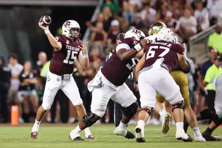 COLLEGE STATION, TX - August 31, 2024 - Quarterback Conner Weigman #15 of the Texas A&M Aggies during the game between the Notre Dame Fighting Irish and the Texas A&M Aggies at Kyle Field in College Station, TX. Photo By Rachel Mahan/Texas A&M Athletics
