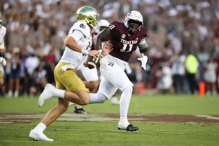 COLLEGE STATION, TX - August 31, 2024 - Defensive lineman Nic Scourton #11 of the Texas A&M Aggies during the game between the Notre Dame Fighting Irish and the Texas A&M Aggies at Kyle Field in College Station, TX. Photo By Wesley Bowers/Texas A&M Athletics