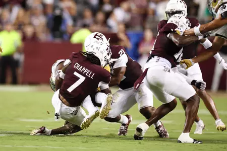 COLLEGE STATION, TX - August 31, 2024 - Defensive back Tyreek Chappell #7 of the Texas A&M Aggies during the game between the Notre Dame Fighting Irish and the Texas A&M Aggies at Kyle Field in College Station, TX. Photo By Wesley Bowers/Texas A&M Athletics