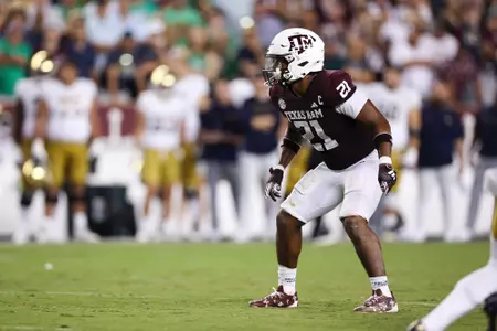 COLLEGE STATION, TX - August 31, 2024 - Linebacker Taurean York #21 of the Texas A&M Aggies during the game between the Notre Dame Fighting Irish and the Texas A&M Aggies at Kyle Field in College Station, TX. Photo By Wesley Bowers/Texas A&M Athletics