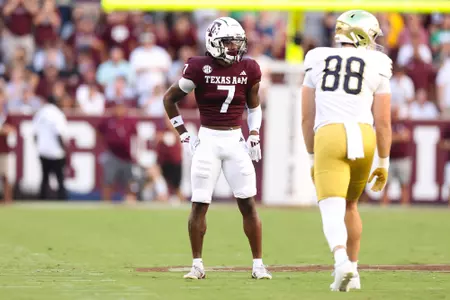 COLLEGE STATION, TX - August 31, 2024 - Defensive back Tyreek Chappell #7 of the Texas A&M Aggies during the game between the Notre Dame Fighting Irish and the Texas A&M Aggies at Kyle Field in College Station, TX. Photo By Evan Pilat/Texas A&M Athletics