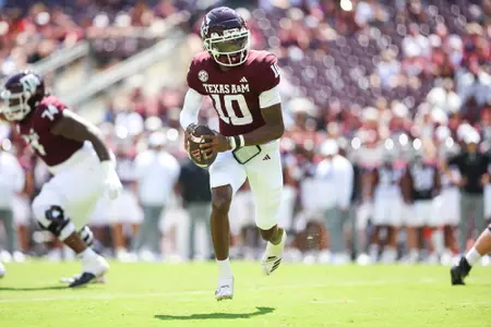 COLLEGE STATION, TX - September 07, 2024 - Quarterback Marcel Reed #10 of the Texas A&M Aggies during the game between the McNeese St. Cowboys and the Texas A&M Aggies at Kyle Field in College Station, TX. Photo By Jonathan Taffet/Texas A&M Athletics