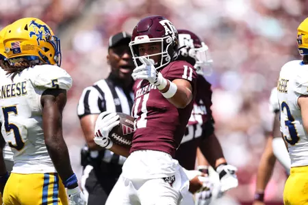 COLLEGE STATION, TX - September 07, 2024 - Wide receiver Jacob Bostick #11 of the Texas A&M Aggies during the game between the McNeese St. Cowboys and the Texas A&M Aggies at Kyle Field in College Station, TX. Photo By Julianne Shivers/Texas A&M Athletics