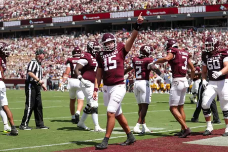 COLLEGE STATION, TX - September 07, 2024 - Quarterback Conner Weigman #15 of the Texas A&M Aggies during the game between the McNeese St. Cowboys and the Texas A&M Aggies at Kyle Field in College Station, TX. Photo By Wesley Bowers/Texas A&M Athletics
