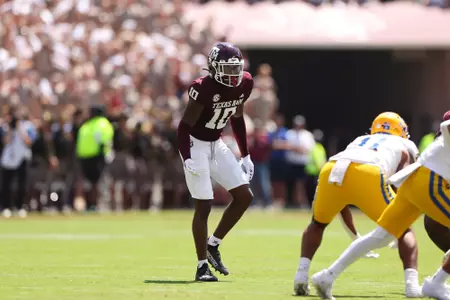 COLLEGE STATION, TX - September 07, 2024 - Defensive back Dezz Ricks #10 of the Texas A&M Aggies during the game between the McNeese St. Cowboys and the Texas A&M Aggies at Kyle Field in College Station, TX. Photo By Evan Pilat/Texas A&M Athletics