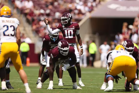 COLLEGE STATION, TX - September 07, 2024 - Quarterback Marcel Reed #10 of the Texas A&M Aggies during the game between the McNeese St. Cowboys and the Texas A&M Aggies at Kyle Field in College Station, TX. Photo By Evan Pilat/Texas A&M Athletics
