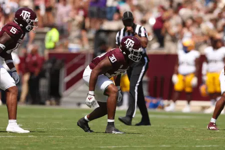COLLEGE STATION, TX - September 07, 2024 - Defensive lineman Solomon Williams #30 of the Texas A&M Aggies during the game between the McNeese St. Cowboys and the Texas A&M Aggies at Kyle Field in College Station, TX. Photo By Evan Pilat/Texas A&M Athletics