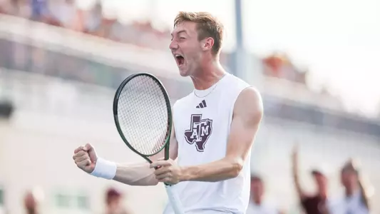 AUSTIN, TX - May 10, 2024 - Lathan Skrobarcek of the Texas A&M Aggies during the game between the Texas Longhorns and the Texas A&M Aggies at Texas Tennis Center in Austin, TX. Photo By Ishika Samant