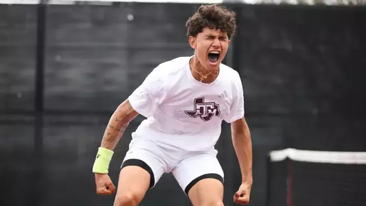 COLLEGE STATION, TX - March 17, 2024 - Tiago Pires of the Texas A&M Aggies during the game between the Georgia Bulldogs and the Texas A&M Aggies at Mitchell Tennis Center in College Station, TX. Photo By Sydney Stevenson/Texas A&M Athletics