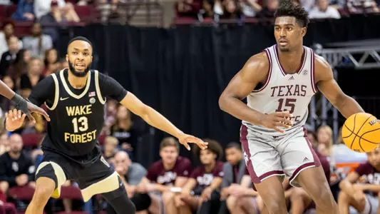 COLLEGE STATION, TX - March 23, 2022 - Forward Henry Coleman III #15 of the Texas A&M Aggies during the NIT Tournament game between the Wake Forest Demon Deacons and the Texas A&M Aggies at Reed Arena in College Station, TX. Photo By Kate Luffman/Texas A&M Athletics
