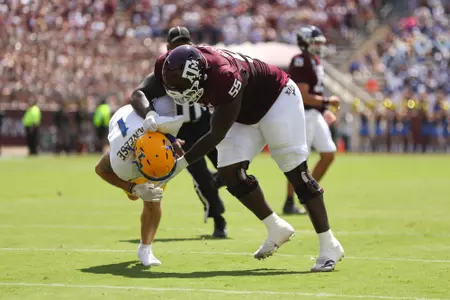 COLLEGE STATION, TX - September 07, 2024 - Offensive lineman Ar'maj Reed-Adams #55 of the Texas A&M Aggies during the game between the McNeese St. Cowboys and the Texas A&M Aggies at Kyle Field in College Station, TX. Photo By Evan Pilat/Texas A&M Athletics