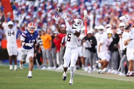 GAINESVILLE, FL - September 14, 2024 - Wide receiver Cyrus Allen #6 of the Texas A&M Aggies during the game between the Florida Gators and the Texas A&M Aggies at Ben Hill Griffin Stadium in Gainesville, FL. Photo By Evan Pilat