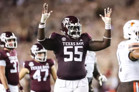 COLLEGE STATION, TX - September 21, 2024 - Offensive lineman Ar'maj Reed-Adams #55 of the Texas A&M Aggies during the game between the Bowling Green Falcons and the Texas A&M Aggies at Kyle Field in College Station, TX. Photo By Ethan Mito/Texas A&M Athletics