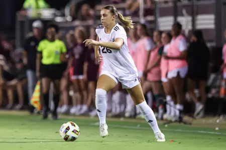 Leah Pirro on the prowl looking to pass in the Aggies' match against Fairfield.