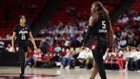NORMAN, OK - January 12, 2025 - Guard Aicha Coulibaly #5 of the Texas A&M Aggies during the game between the Oklahoma Sooners and the Texas A&M Aggies at Lloyd Noble Center in Norman, OK. Photo By Ethan Mito/Texas A&M Athletics
