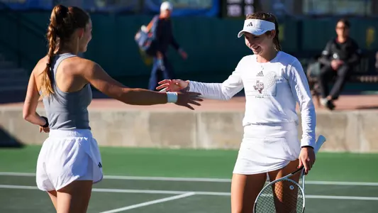 WACO, TX - November 21, 2024 - Mary Stoiana of the Texas A&M Aggies and Nicole Khirin of the Texas A&M Aggies during the NCAA Singles and Doubles Tennis National Championship at the Hurd Tennis Center in Waco, TX. Photo By Julianne Shivers