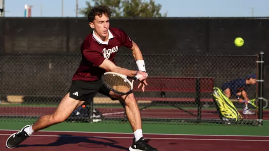 COLLEGE STATION, TX - January 18, 2025 - Theo Papamalamis of the Texas A&M Aggies during the game between the UT San Antonio Roadrunners and the Texas A&M Aggies at Mitchell Tennis Center in College Station, TX. Photo By Sydney Stevenson/Texas A&M Athletics