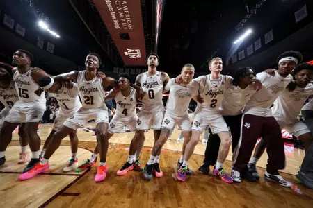 COLLEGE STATION, TX - January 04, 2025 - The Texas A&M Aggies Men's Basketball Team during the game between the Texas Longhorns and the Texas A&M Aggies at Reed Arena in College Station, TX. Photo By Wesley Bowers/Texas A&M Athletics