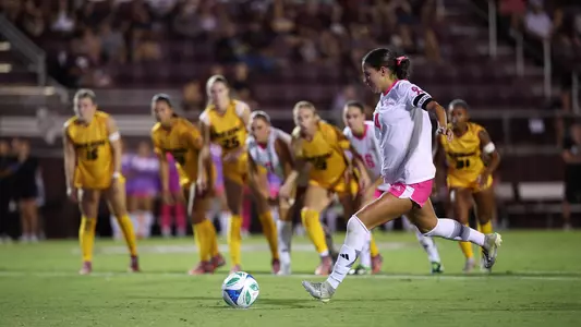 Bella Yakel uncorks the game-winning penalty kick in the Aggies home win versus Missouri