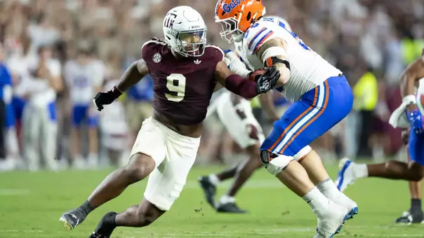 COLLEGE STATION, TX - October 11, 2025 - Defensive end Cashius Howell #9 of the Texas A&M Aggies during the game between the Florida Gators and the Texas A&M Aggies at Kyle Field in College Station, TX. Photo By Evan Pilat/Texas A&M Athletics