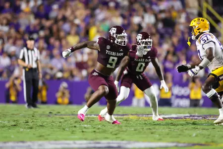 BATON ROUGE, LA - October 25, 2025 - Defensive end Cashius Howell #9 of the Texas A&M Aggies during the game between the LSU Tigers and the Texas A&M Aggies at Tiger Stadium in Baton Rouge, LA. Photo By Evan Pilat