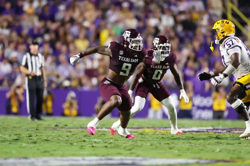 BATON ROUGE, LA - October 25, 2025 - Defensive end Cashius Howell #9 of the Texas A&M Aggies during the game between the LSU Tigers and the Texas A&M Aggies at Tiger Stadium in Baton Rouge, LA. Photo By Evan Pilat