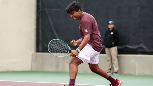 COLLEGE STATION, TX - April 05, 2025 - Ritesh Patil of the Texas A&M Aggies during the game between the Texas Longhorns and the Texas A&M Aggies at Mitchell Tennis Center in College Station, TX. Photo By Julianne Shivers/Texas A&M Athletics